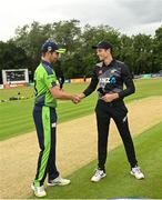 22 July 2022; Team captains Andrew Balbirnie of Ireland and Mitchell Santner of New Zealand before the Men's T20 International match between Ireland and New Zealand at Stormont in Belfast. Photo by Ramsey Cardy/Sportsfile