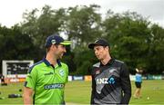 22 July 2022; Team captains Andrew Balbirnie of Ireland and Mitchell Santner of New Zealand before the Men's T20 International match between Ireland and New Zealand at Stormont in Belfast. Photo by Ramsey Cardy/Sportsfile