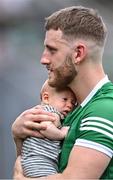 17 July 2022; Séamus Flanagan of Limerick with his son Freddie, age 12 weeks, after the GAA Hurling All-Ireland Senior Championship Final match between Kilkenny and Limerick at Croke Park in Dublin. Photo by Piaras Ó Mídheach/Sportsfile