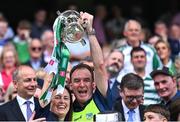17 July 2022; Limerick performance psychologist Caroline Currid and team doctor James Ryan lift the Liam MacCarthy Cup after the the GAA Hurling All-Ireland Senior Championship Final match between Kilkenny and Limerick at Croke Park in Dublin. Photo by Piaras Ó Mídheach/Sportsfile