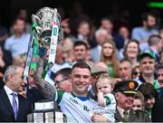 17 July 2022; Limerick goalkeeper Barry Hennessy with his daughter Hope as he lifts the Liam MacCarthy Cup after the GAA Hurling All-Ireland Senior Championship Final match between Kilkenny and Limerick at Croke Park in Dublin. Photo by Piaras Ó Mídheach/Sportsfile