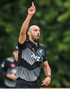 22 July 2022; Daryl Mitchell of New Zealand celebrates after bowling out Gareth Delany of Ireland during the Men's T20 International match between Ireland and New Zealand at Stormont in Belfast. Photo by Ramsey Cardy/Sportsfile