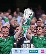 17 July 2022; Peter Casey, left, and Mike Casey of Limerick lift the Liam MacCarthy Cup after their side's victory in the GAA Hurling All-Ireland Senior Championship Final match between Kilkenny and Limerick at Croke Park in Dublin. Photo by Piaras Ó Mídheach/Sportsfile