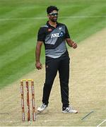 22 July 2022; Ish Sodhi of New Zealand during the Men's T20 International match between Ireland and New Zealand at Stormont in Belfast. Photo by Ramsey Cardy/Sportsfile