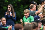 22 July 2022; An Ireland supporter celebrates a six during the Men's T20 International match between Ireland and New Zealand at Stormont in Belfast. Photo by Ramsey Cardy/Sportsfile