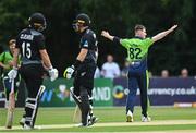 22 July 2022; Josh Little of Ireland celebrates bowling the wicket of Dane Cleaver of New Zealand during the Men's T20 International match between Ireland and New Zealand at Stormont in Belfast. Photo by Ramsey Cardy/Sportsfile