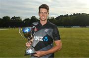 22 July 2022; New Zealand captain Mitchell Santner with the series trophy after the Men's T20 International match between Ireland and New Zealand at Stormont in Belfast. Photo by Ramsey Cardy/Sportsfile