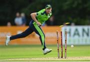 22 July 2022; Stumps fly as Mark Adair of Ireland attempts to run out Jimmy Neesham of New Zealand during the Men's T20 International match between Ireland and New Zealand at Stormont in Belfast. Photo by Ramsey Cardy/Sportsfile