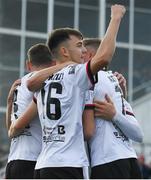 22 July 2022; Steven Bradley of Dundalk celebrates with team mates after Darragh Leahy scores his side's first goal during the SSE Airtricity League Premier Division match between Dundalk and Finn Harps at Oriel Park in Dundalk, Louth. Photo by George Tewkesbury/Sportsfile