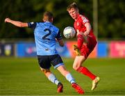 22 July 2022; Conor Kane of Shelbourne in action against Michael Gallagher of UCD during the SSE Airtricity League Premier Division match between UCD and Shelbourne at the UCD Bowl in Belfield, Dublin. Photo by Seb Daly/Sportsfile