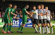 22 July 2022; Ethan Boyle, left, Ryan Rainey and Liam McGing of Finn Harps await a corner against Patrick Hoban, centre, Andy Boyle, Greg Sloggett and Darragh Leahy of Dundalk during the SSE Airtricity League Premier Division match between Dundalk and Finn Harps at Oriel Park in Dundalk, Louth. Photo by George Tewkesbury/Sportsfile
