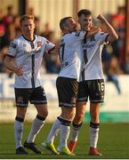 22 July 2022; Steven Bradley of Dundalk celebrates with teammates Brian Gartland, left, John Martin after scoring their side's third goal during the SSE Airtricity League Premier Division match between Dundalk and Finn Harps at Oriel Park in Dundalk, Louth. Photo by George Tewkesbury/Sportsfile