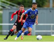 22 July 2022; Yassine En Neyah of Waterford, right, in action against Aaron Robinson of Longford Town during the SSE Airtricity League First Division match between Waterford and Longford Town at RSC in Waterford. Photo by Michael P Ryan/Sportsfile