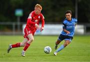 22 July 2022; Shane Farrell of Shelbourne in action against Sean Brennan of UCD during the SSE Airtricity League Premier Division match between UCD and Shelbourne at the UCD Bowl in Belfield, Dublin. Photo by Seb Daly/Sportsfile