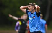 22 July 2022; Evan Caffrey of UCD reacts after teammate Jack Keaney is sent off for conceding a penalty during the SSE Airtricity League Premier Division match between UCD and Shelbourne at the UCD Bowl in Belfield, Dublin. Photo by Seb Daly/Sportsfile