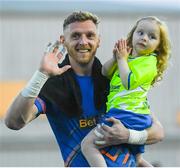22 July 2022; Peter Cherrie of Dundalk celebrates his side's victory with daughter Fiabh Sadhbh Cherrie, Age 2 after the SSE Airtricity League Premier Division match between Dundalk and Finn Harps at Oriel Park in Dundalk, Louth. Photo by George Tewkesbury/Sportsfile