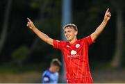 22 July 2022; Brian McManus of Shelbourne celebrates his side's second goal, scored by teammate Dan Carr, not pictured, during the SSE Airtricity League Premier Division match between UCD and Shelbourne at the UCD Bowl in Belfield, Dublin. Photo by Seb Daly/Sportsfile