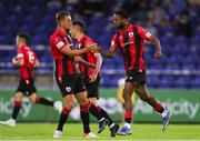 22 July 2022; Jordan Adeyemo of Longford Town, right, celebrates after scoring his side's first goal during the SSE Airtricity League First Division match between Waterford and Longford Town at RSC in Waterford. Photo by Michael P Ryan/Sportsfile