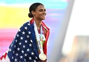 22 July 2022; Sydney McLaughlin of USA after winning gold in the women's 400m hurdles final during day eight of the World Athletics Championships at Hayward Field in Eugene, Oregon, USA. Photo by Sam Barnes/Sportsfile