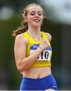 23 July 2022; Caoimhe Farrell of Loughrea A.C., Galway celebrates winning the 100m while competing in the Youth Heptathlon during day one of the AAI Games and Combined Events Track and Field Championships at Tullamore, Offaly. Photo by George Tewkesbury/Sportsfile