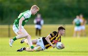 8 July 2022; Rory Monks of Kilkenny in action against Eoghan Reilly of London during the GAA Football All-Ireland Junior Championship Semi-Final match between Kilkenny and London at the GAA National Games Development Centre in Abbotstown, Dublin. Photo by Stephen McCarthy/Sportsfile