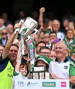 17 July 2022; Limerick manager John Kiely and team doctor James Ryan lift the Liam MacCarthy Cup after the GAA Hurling All-Ireland Senior Championship Final match between Kilkenny and Limerick at Croke Park in Dublin. Photo by Piaras Ó Mídheach/Sportsfile