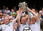 17 July 2022; Limerick kitman Ger O'Connell, left, team logistics manager Éibhear O'Dea and liaison officer Conor McCarthy, right, lift the Liam MacCarthy Cup after the GAA Hurling All-Ireland Senior Championship Final match between Kilkenny and Limerick at Croke Park in Dublin. Photo by Piaras Ó Mídheach/Sportsfile