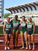 22 July 2022; Joan Healy, left, with, from left to right, Adeyemi Talabi, Lauren Roy and Sarah Leahy of Ireland after the women's 4x100m relay during day eight of the World Athletics Championships at Hayward Field in Eugene, Oregon, USA. Photo by Sam Barnes/Sportsfile