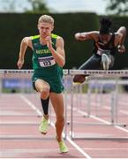 23 July 2022; Sam Hurwood of Australia competing in the Senior 110m Hurdles during day one of the AAI Games and Combined Events Track and Field Championships at Tullamore, Offaly. Photo by George Tewkesbury/Sportsfile