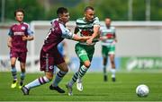 23 July 2022; Graham Burke of Shamrock Rovers in action against Evan Weir of Drogheda United during the SSE Airtricity League Premier Division match between Shamrock Rovers and Drogheda United at Tallaght Stadium in Dublin. Photo by Seb Daly/Sportsfile