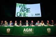 23 July 2022; The top table, from left, Gary Twohig, FAI director, Joe O'Brien, FAI director, Liz Joyce, FAI independent director, Paul Cooke, FAI vice president, Roy Barrett, FAI independent chairperson, Gerry McAnaney, FAI president, Jonathan Hill, chief executive officer, FAI, Tom Browne, chairman of the FAI's underage committee, Catherine Guy, FAI independent director, Richard Shakespeare, FAI director, and Packie Bonner, chairman of the FAI international and high performance committee, during the annual general meeting of the Football Association of Ireland at the Mansion House in Dublin. Photo by Stephen McCarthy/Sportsfile