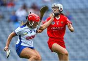 23 July 2022; Róisín Kirwan of Waterford in action against Meabh Cahalane of Cork during the Glen Dimplex Senior Camogie All-Ireland Championship Semi-Final match between Cork and Waterford at Croke Park in Dublin. Photo by Piaras Ó Mídheach/Sportsfile