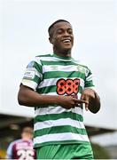 23 July 2022; Aidomo Emakhu of Shamrock Rovers celebrates after scoring his side's first goal during the SSE Airtricity League Premier Division match between Shamrock Rovers and Drogheda United at Tallaght Stadium in Dublin. Photo by Seb Daly/Sportsfile