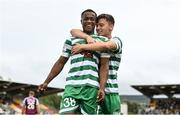 23 July 2022; Aidomo Emakhu of Shamrock Rovers, left, celebrates with teammate Justin Ferizaj after scoring their side's first goal during the SSE Airtricity League Premier Division match between Shamrock Rovers and Drogheda United at Tallaght Stadium in Dublin. Photo by Seb Daly/Sportsfile