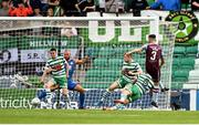 23 July 2022; Evan Weir of Drogheda United shoots to score his side's first goal during the SSE Airtricity League Premier Division match between Shamrock Rovers and Drogheda United at Tallaght Stadium in Dublin. Photo by Seb Daly/Sportsfile