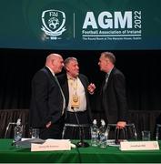 23 July 2022; Gerry McAnaney, FAI president, left, Paul Cooke, FAI vice president, and Jonathan Hill, chief executive officer, FAI, right, during the annual general meeting of the Football Association of Ireland at the Mansion House in Dublin. Photo by Stephen McCarthy/Sportsfile