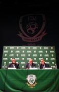 23 July 2022; Roy Barrett, FAI independent chairperson, left, Gerry McAnaney, FAI president, and Jonathan Hill, chief executive officer, FAI, right, during a press conference after the annual general meeting of the Football Association of Ireland at the Mansion House in Dublin. Photo by Stephen McCarthy/Sportsfile