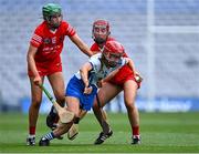 23 July 2022; Lorraine Bray of Waterford in action against Katie Mahoney, left, and Meabh Murphy of Cork during the Glen Dimplex Senior Camogie All-Ireland Championship Semi-Final match between Cork and Waterford at Croke Park in Dublin. Photo by Piaras Ó Mídheach/Sportsfile