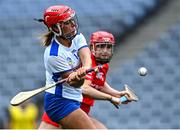 23 July 2022; Róisín Kirwan of Waterford shoots under pressure from Libby Coppinger of Cork during the Glen Dimplex Senior Camogie All-Ireland Championship Semi-Final match between Cork and Waterford at Croke Park in Dublin. Photo by Piaras Ó Mídheach/Sportsfile