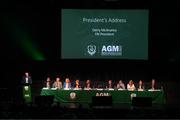 23 July 2022; The top table, from left, Gerry McAnaney, FAI president, Gary Twohig, FAI director, Joe O'Brien, FAI director, Liz Joyce, FAI independent director, Paul Cooke, FAI vice president, Roy Barrett, FAI independent chairperson, Jonathan Hill, chief executive officer, FAI, Tom Browne, chairman of the FAI's underage committee, Catherine Guy, FAI independent director, Richard Shakespeare, FAI director, and Packie Bonner, chairman of the FAI international and high performance committee, during the annual general meeting of the Football Association of Ireland at the Mansion House in Dublin. Photo by Stephen McCarthy/Sportsfile