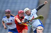 23 July 2022; Waterford goalkeeper Brianna O'Regan in action against Chloe Sigerson of Cork during the Glen Dimplex Senior Camogie All-Ireland Championship Semi-Final match between Cork and Waterford at Croke Park in Dublin. Photo by Piaras Ó Mídheach/Sportsfile