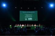 23 July 2022; A general view during the annual general meeting of the Football Association of Ireland at the Mansion House in Dublin, as the names of the Honorary Life Membership nominations are displayed on screen. Photo by Stephen McCarthy/Sportsfile