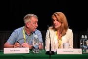 23 July 2022; Tom Browne, chairman of the FAI's underage committee, left, and Catherine Guy, FAI independent director, during the annual general meeting of the Football Association of Ireland at the Mansion House in Dublin. Photo by Stephen McCarthy/Sportsfile