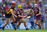 23 July 2022; Siobhán McGrath of Galway in action against Grace Walsh of Kilkenny during the Glen Dimplex Senior Camogie All-Ireland Championship Semi-Final match between Galway and Kilkenny at Croke Park in Dublin. Photo by Piaras Ó Mídheach/Sportsfile