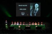 23 July 2022; A general view during the annual general meeting of the Football Association of Ireland at the Mansion House in Dublin as the big screen shows a tributes to the late FAI President David Blood. Photo by Stephen McCarthy/Sportsfile