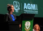 23 July 2022; Heidi Beha, FIFA members associations' division, addresses the assembly during the annual general meeting of the Football Association of Ireland at the Mansion House in Dublin. Photo by Stephen McCarthy/Sportsfile