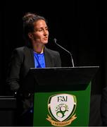 23 July 2022; Heidi Beha, FIFA members associations' division, addresses the assembly during the annual general meeting of the Football Association of Ireland at the Mansion House in Dublin. Photo by Stephen McCarthy/Sportsfile