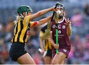 23 July 2022; Aoife Donohue of Galway is tackled by Michelle Teehan of Kilkenny during the Glen Dimplex Senior Camogie All-Ireland Championship Semi-Final match between Galway and Kilkenny at Croke Park in Dublin. Photo by Piaras Ó Mídheach/Sportsfile