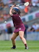 23 July 2022; Galway goalkeeper Sarah Healy takes a first half penalty that was saved by Kilkenny goalkeeper Aoife Norris, not pictured, during the Glen Dimplex Senior Camogie All-Ireland Championship Semi-Final match between Galway and Kilkenny at Croke Park in Dublin. Photo by Piaras Ó Mídheach/Sportsfile
