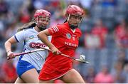 23 July 2022; Fiona Keating of Cork in action against Clodagh Carroll of Waterford during the Glen Dimplex Senior Camogie All-Ireland Championship Semi-Final match between Cork and Waterford at Croke Park in Dublin. Photo by Piaras Ó Mídheach/Sportsfile